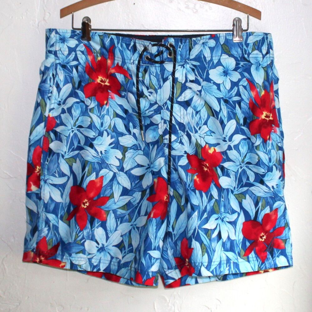 Nautica Swim Trunks M Hawaiian Floral blue red pockets lined